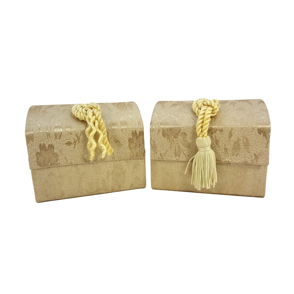 Vintage Gold Brocade‎ Jewelry Box Set of 2 Domed Tassel Trinket Chests Champagne